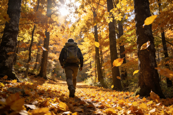 徒步者穿越秋季森林，满地金黄落叶与笔直树干